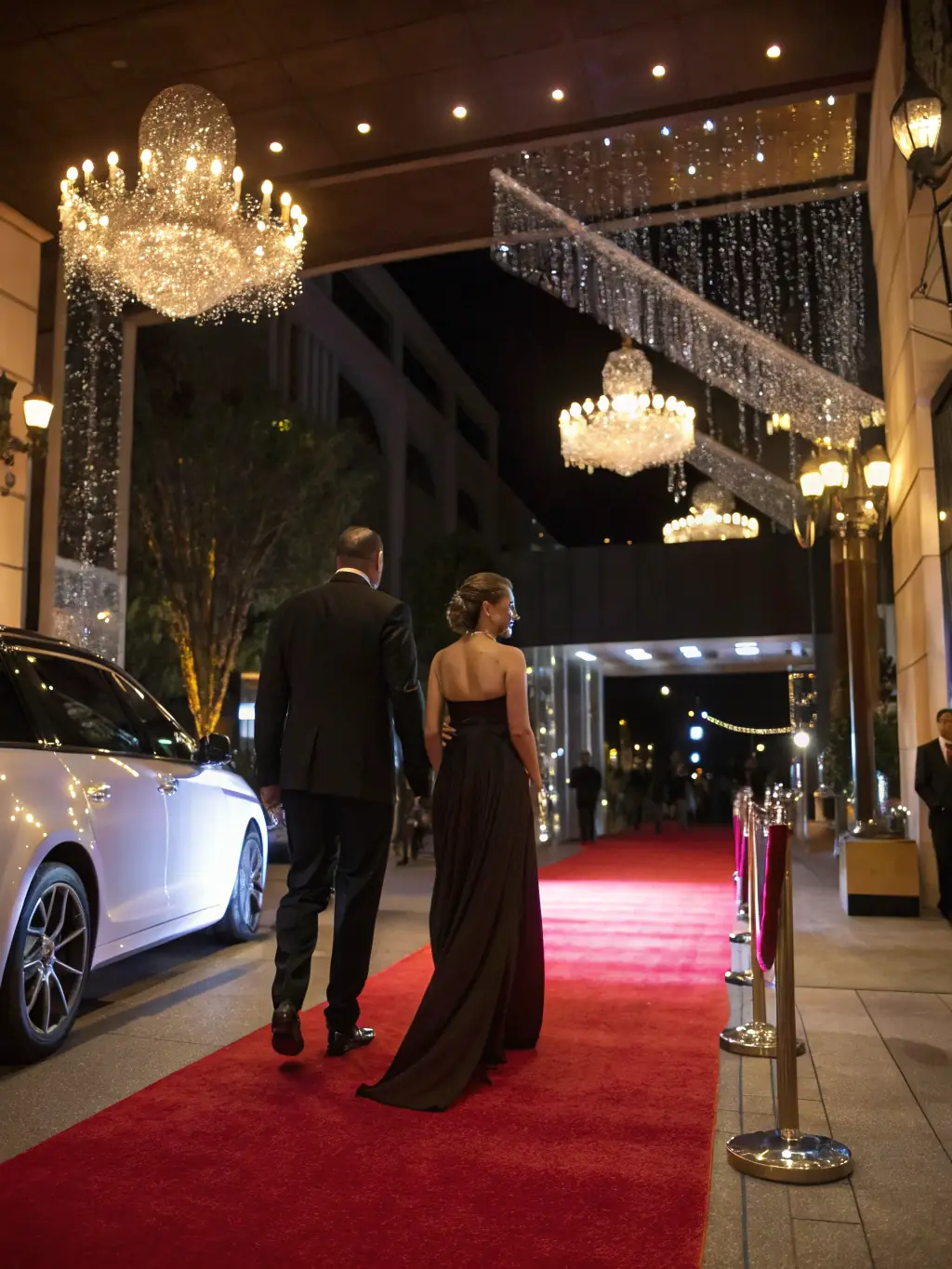 A VIP host is escorting a group of people past a velvet rope into an exclusive club.