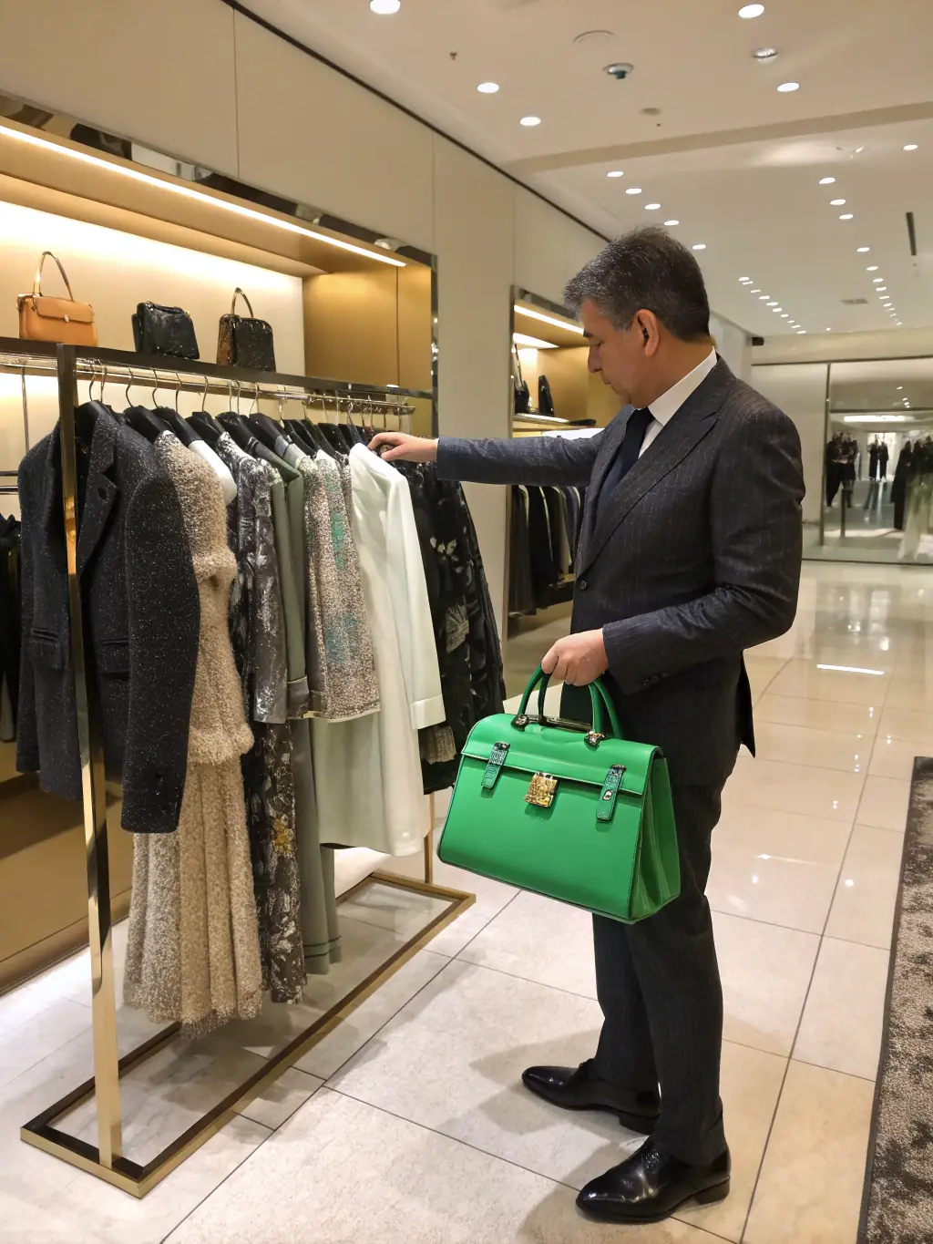 A personal shopper is assisting a client in a high-end boutique, showcasing personalized service.