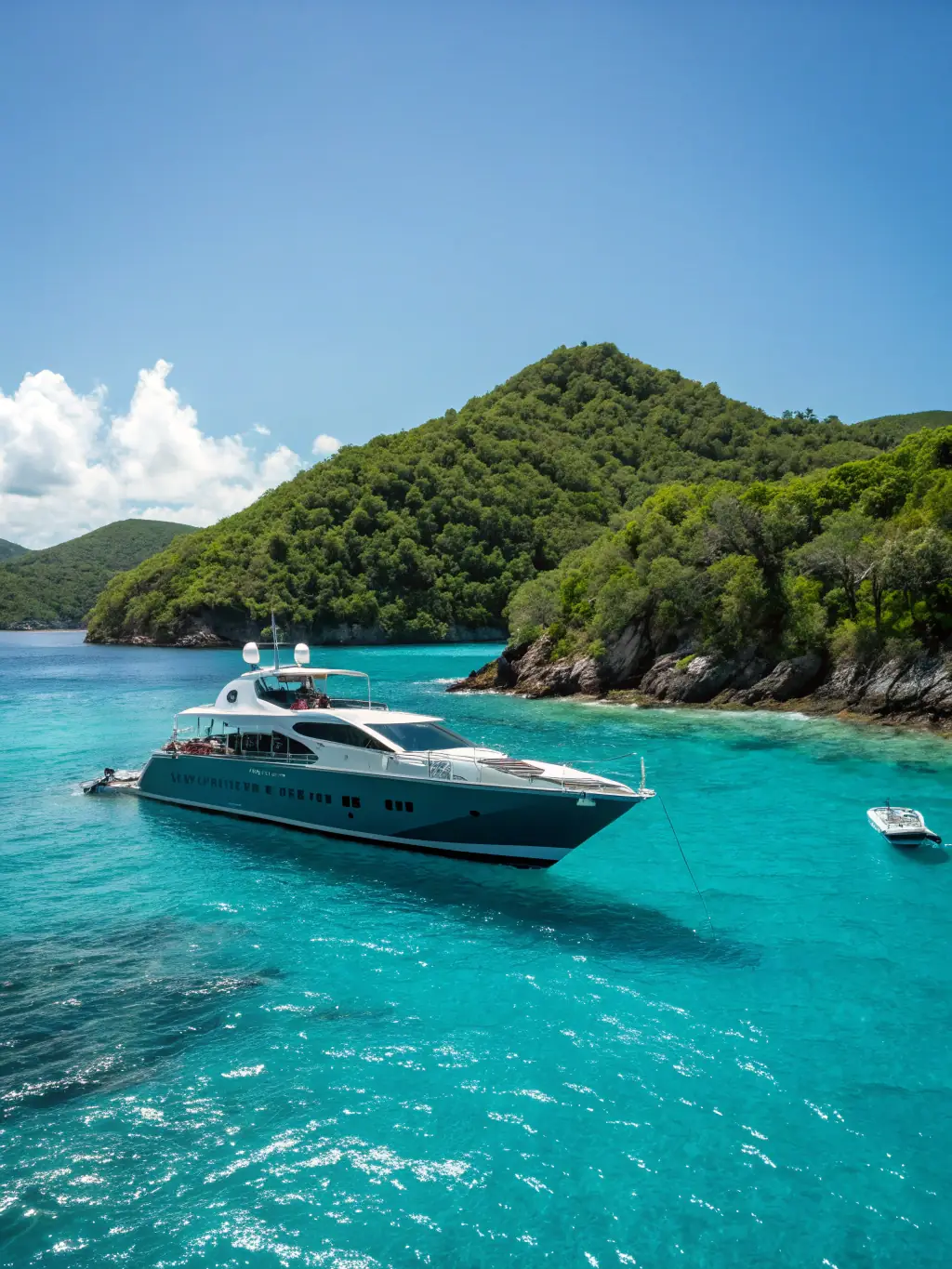 A luxurious yacht sailing on crystal-clear waters, with guests enjoying the sun and sea, representing Pimp VIP's yacht rental services.