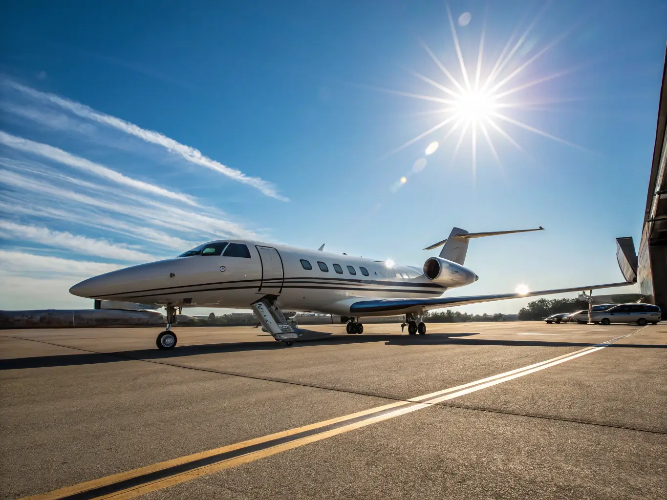 A private jet is parked on a runway, ready for takeoff, representing luxury travel and seamless arrangements.