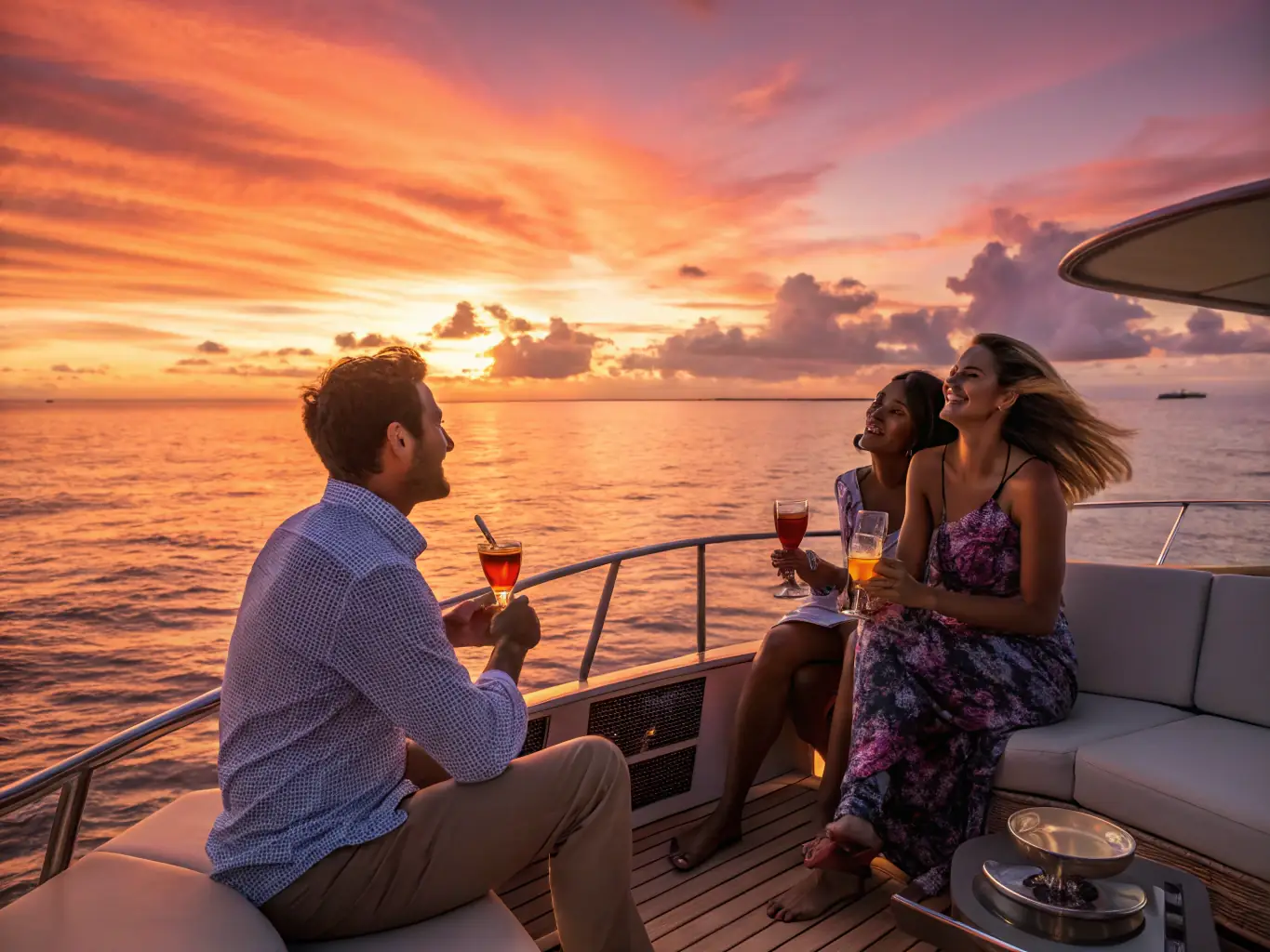 A picturesque image of a luxury yacht sailing off the coast of Pattaya, with guests enjoying cocktails on the deck, surrounded by stunning ocean views and a vibrant sunset.