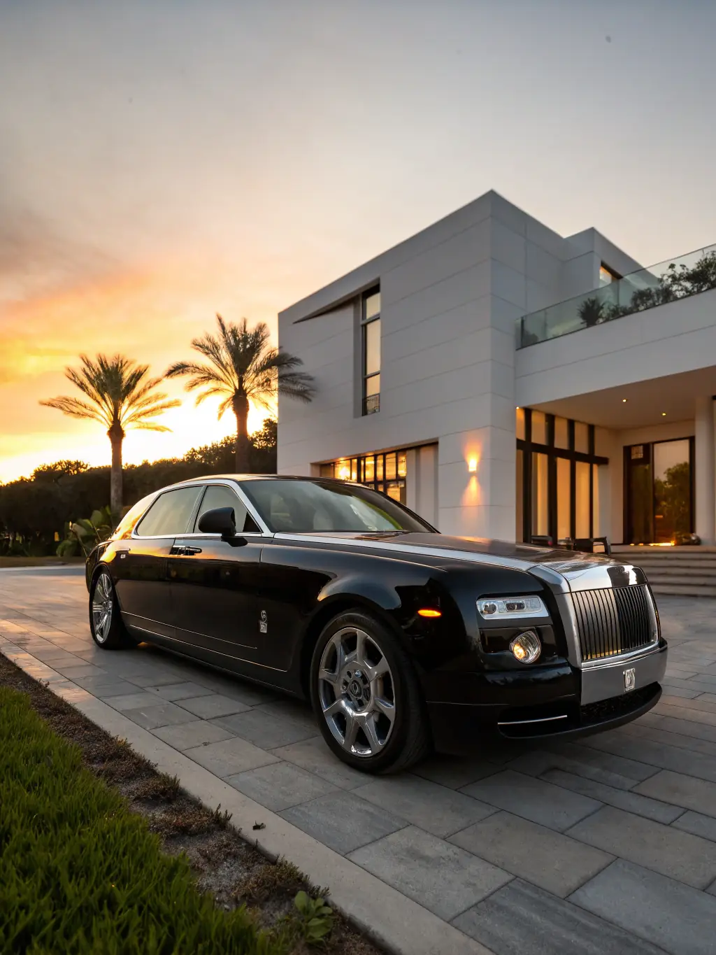 A fleet of luxury vehicles, including limousines and sports cars, providing seamless and stylish transportation for Pimp VIP clients to and from their events.
