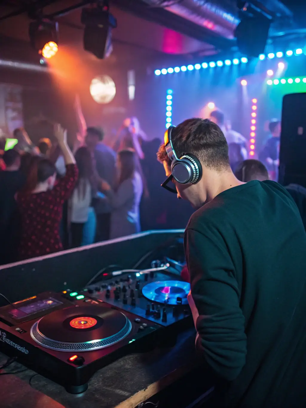 A professional DJ skillfully mixing music at a vibrant and upscale private party, creating an energetic and unforgettable atmosphere for Pimp VIP clients.