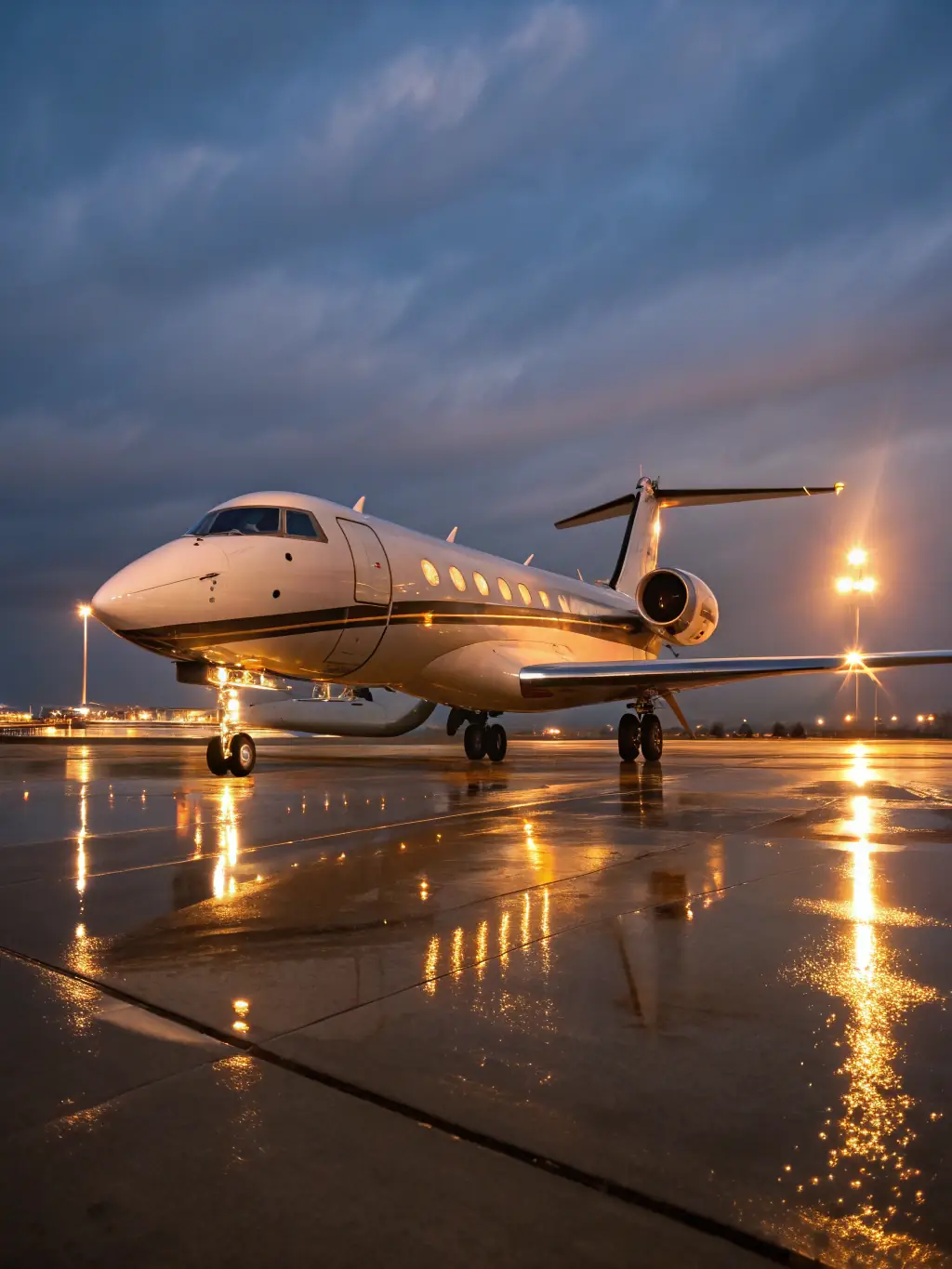 A private jet is shown taking off at sunset, symbolizing luxury travel and exclusivity.