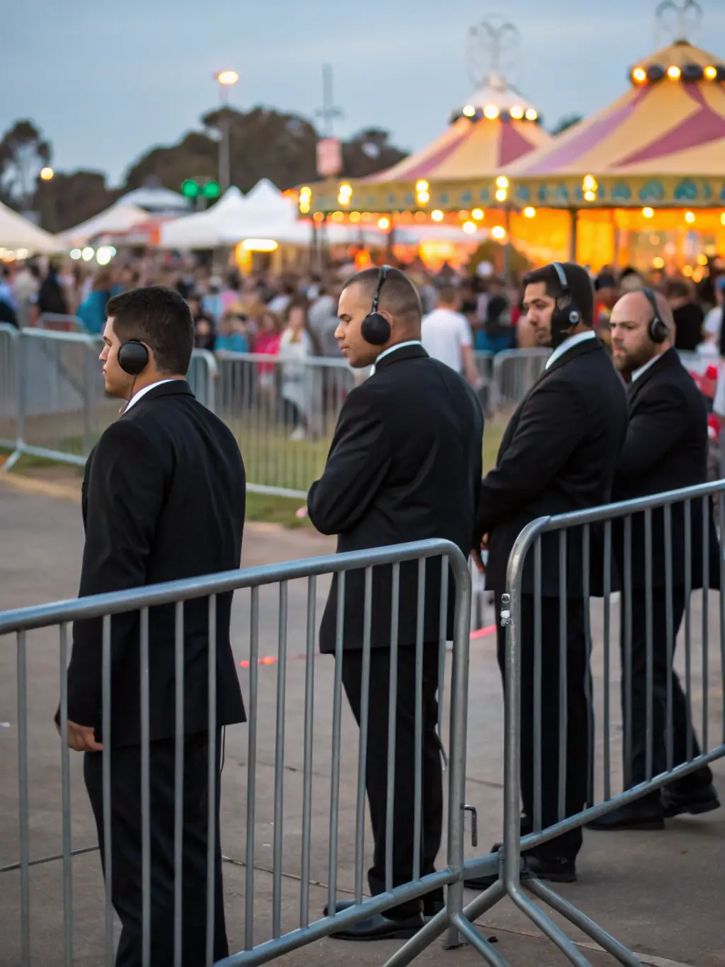 A team of highly trained bodyguards discreetly providing security at a high-profile event, ensuring the safety and privacy of Pimp VIP's esteemed guests.