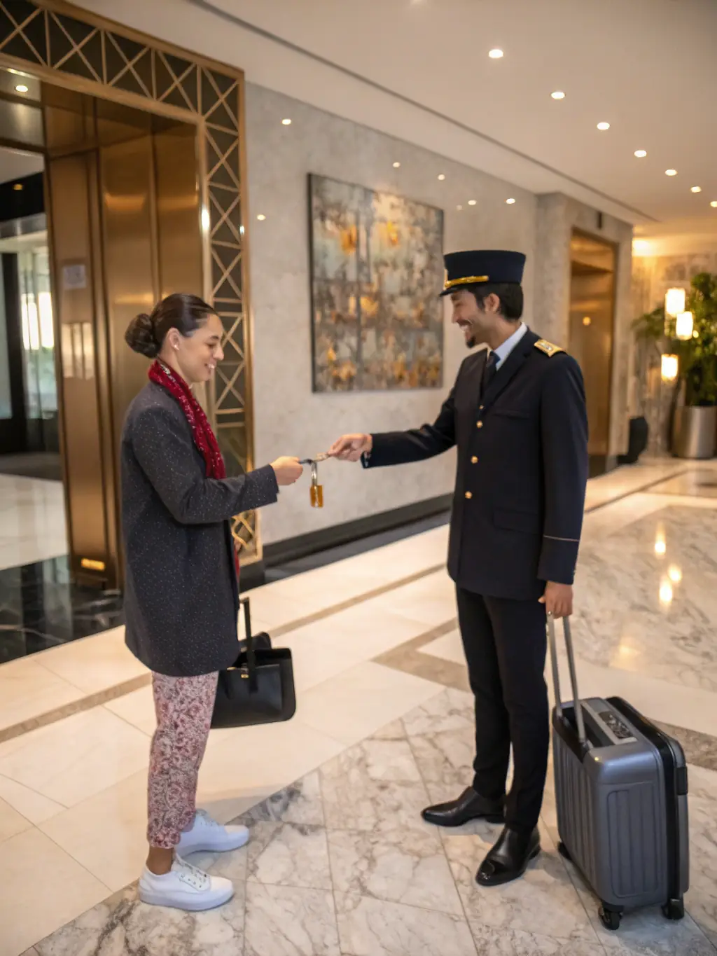 A sharply dressed concierge is handing a set of keys to a luxury sports car to a smiling client outside a high-end nightclub.