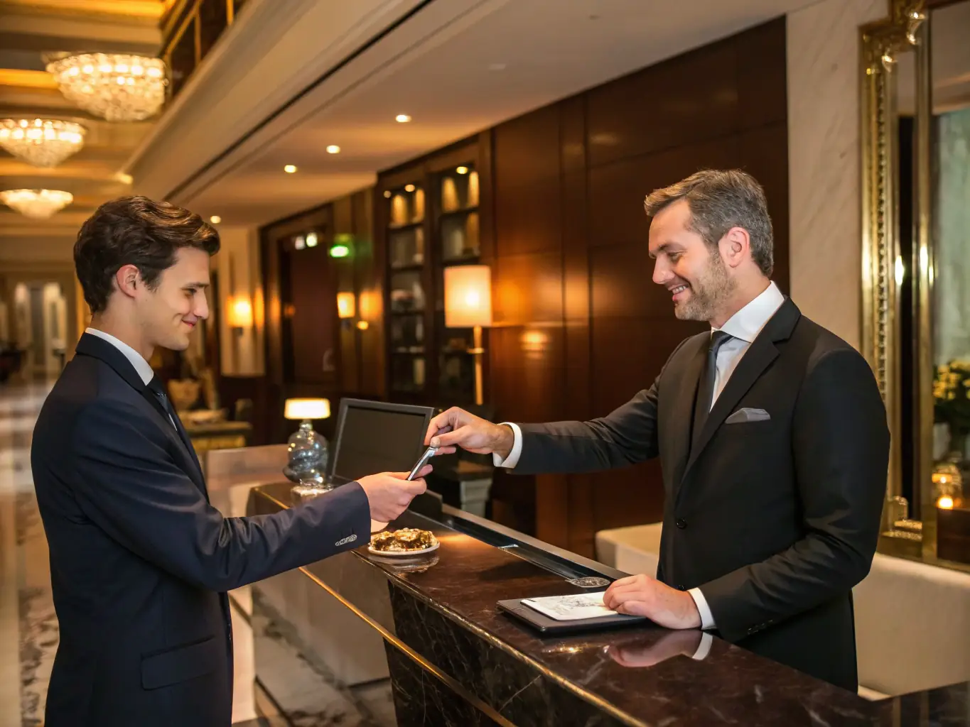 A sharply dressed concierge is handing a VIP pass to a smiling club member in front of a luxury nightclub, symbolizing exclusive access.