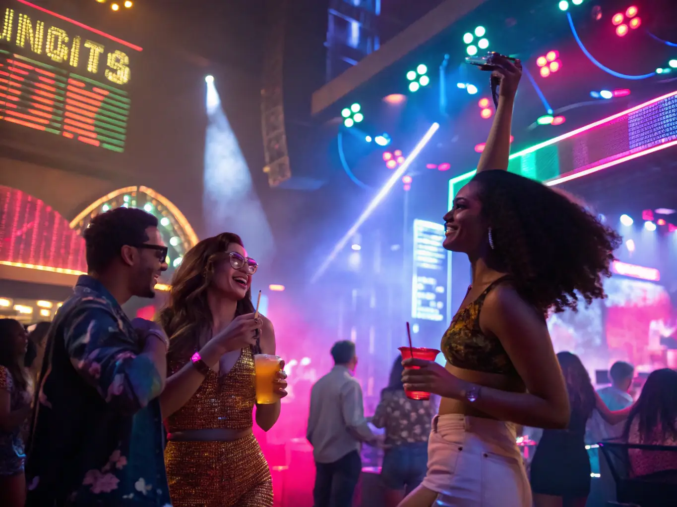A vibrant image capturing the atmosphere of a VIP nightclub in Bangkok, featuring stylishly dressed people enjoying premium drinks and music, with exclusive bottle service and private booths.