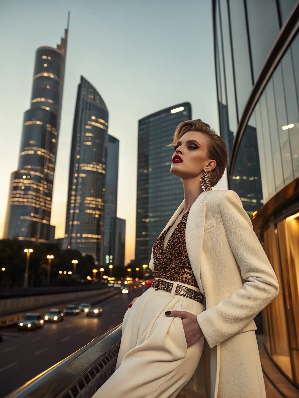A stunning model in elegant attire, posing confidently in a luxurious penthouse suite, representing the high-end model service offered by Pimp VIP.
