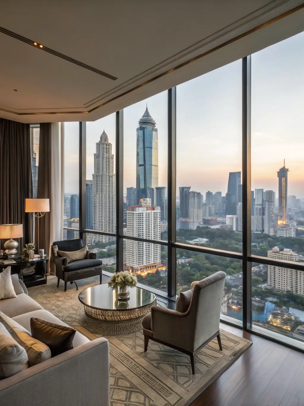 A modern and stylish hotel suite in downtown Bangkok, featuring floor-to-ceiling windows with panoramic city views and high-end furnishings.