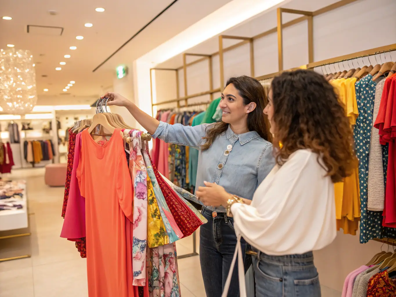 A personal shopper is assisting a client in a high-end boutique, showcasing personalized service and attention to detail.